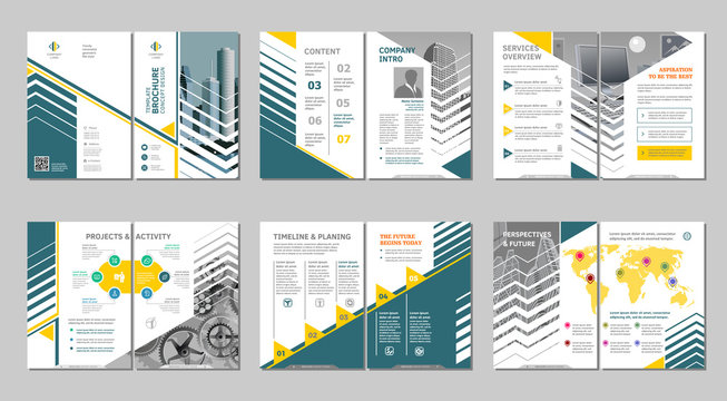 Brochure creative design. Multipurpose template, include cover, back and inside pages. Trendy minimalist flat geometric design. Vertical a4 format.