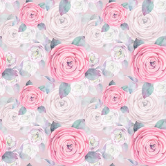 Hand painted watercolor. Watercolor seamless pattern. Roses mixed background. Romantic wallpaper.