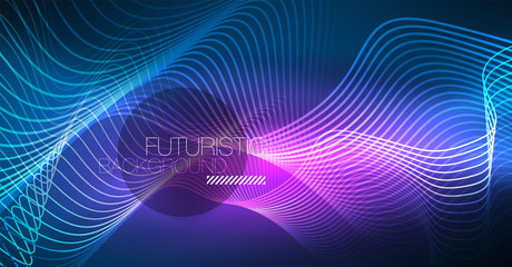 Glowing abstract wave on dark, shiny motion, Christmas and New Year magic space light. Techno abstract background