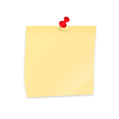 Empty sticker and pushpin isolated on white. Yellow sticky note paper clipping with red push pin. Reminder vector illustration.