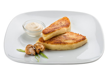 Potato zrazy. Vegetarian dish. On white background