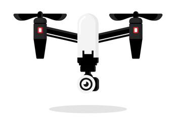 Cute cartoon drone with camera for photographing and recording video isolated on white background. Aerial quadcopter concept with shadow. Simple design icon or logo. Flat style vector illustration.
