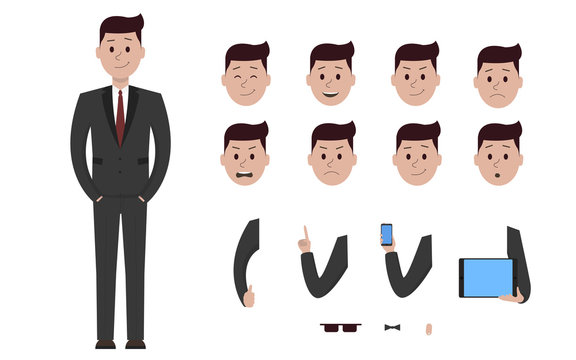 Male boy man character in business suit creation constructor set. Different views, emotions, gestures, isolated against white background. Build design. Cartoon flat-style infographic illustration