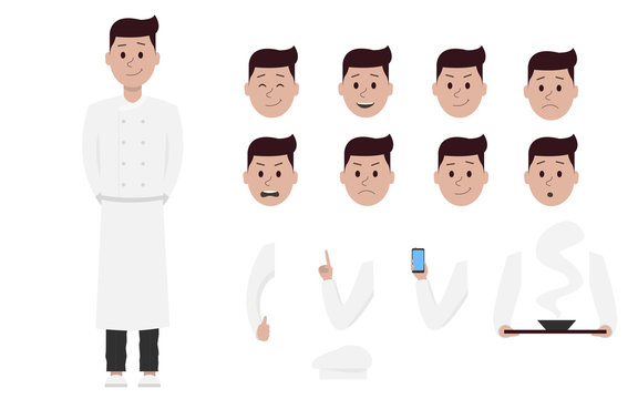 Male boy man cook chef character creation constructor set. Different views, emotions, gestures, isolated against white background. Build design. Cartoon flat-style infographic vector illustration