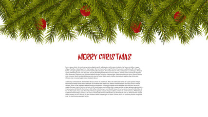 Background with vector Christmas tree branches and space for text. Realistic fir-tree pine tree border, frame isolated on white. Holiday cards, banners, flyers, party posters. Vector illustration.