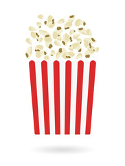 Box with popcorn isolated on white background. Crumbling scattering and floating in the air. Simple flat style realistic vector illustration.