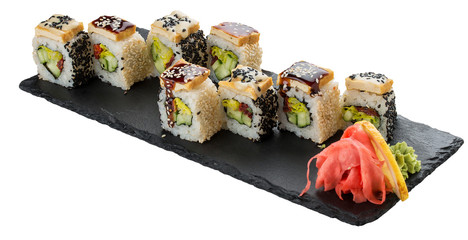 Sushi roll with vegetables, sun-dried tomatoes and tofu cheese. Vegetarian dish. On white background.