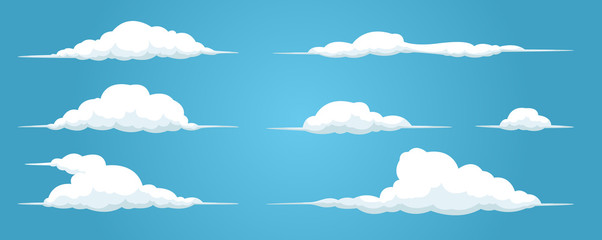 Clouds set isolated on a blue background. Simple cute cartoon design. Icon or logo collection. Realistic elements. Flat style vector illustration.