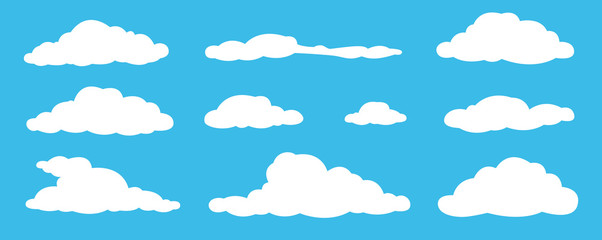 Clouds set isolated on a blue background. Simple cute cartoon design. Icon or logo collection. Realistic elements. Flat style vector illustration.