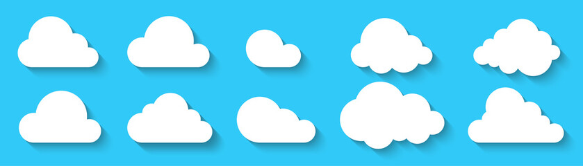 Fototapeta premium Clouds icon set isolated on a blue background. Logo and sign. Cloud technologies. Simple modern design. Flat style vector illustration.