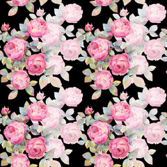 Seamless pattern with colorful roses. Romantic wallpaper. Hand painted watercolor botanical illustration.