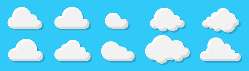 Obraz premium Clouds icon set isolated on a blue background. Logo and sign. Cloud technologies. Simple modern design. Flat style vector illustration.