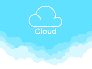 Cloud logo isolated on a blue background. Thin line logo or icon. Border of clouds. Simple modern cartoon design. Flat style vector illustration.