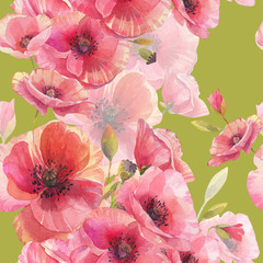 Seamless pattern with poppy. Hand drawn watercolor wallpaper. 