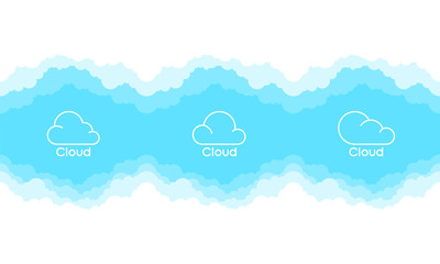 Clouds logo set isolated on a blue background. Thin line logo or icon. Border of clouds. Simple modern cartoon design. Flat style vector illustration.