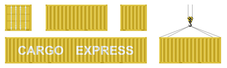 Cargo container set isolated on white background. Colorful box from different sides collection. Freight shipping container hanging on crane hook. Simple design. Flat style vector illustration.