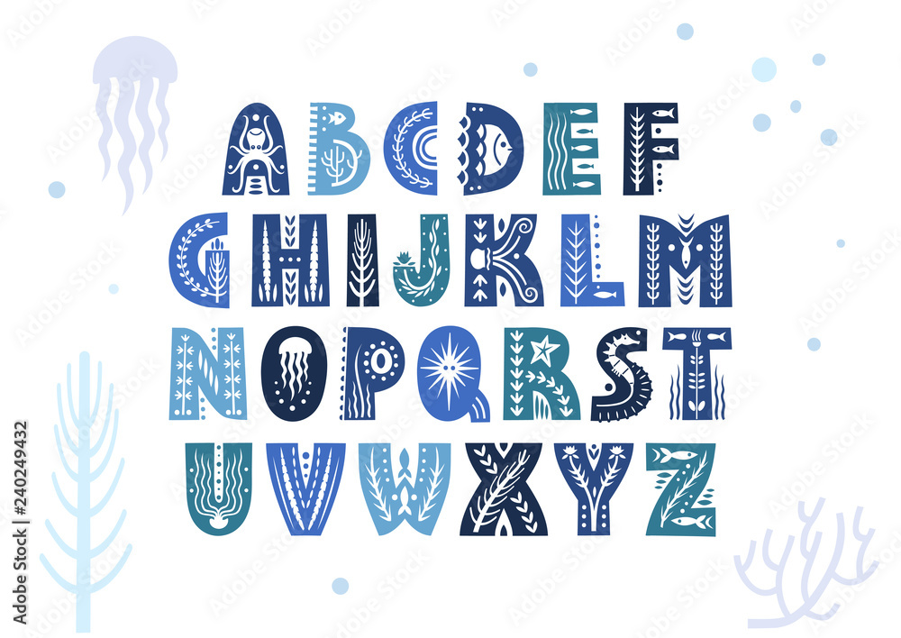 Poster vector uppercase alphabet decorated with underwater patterns