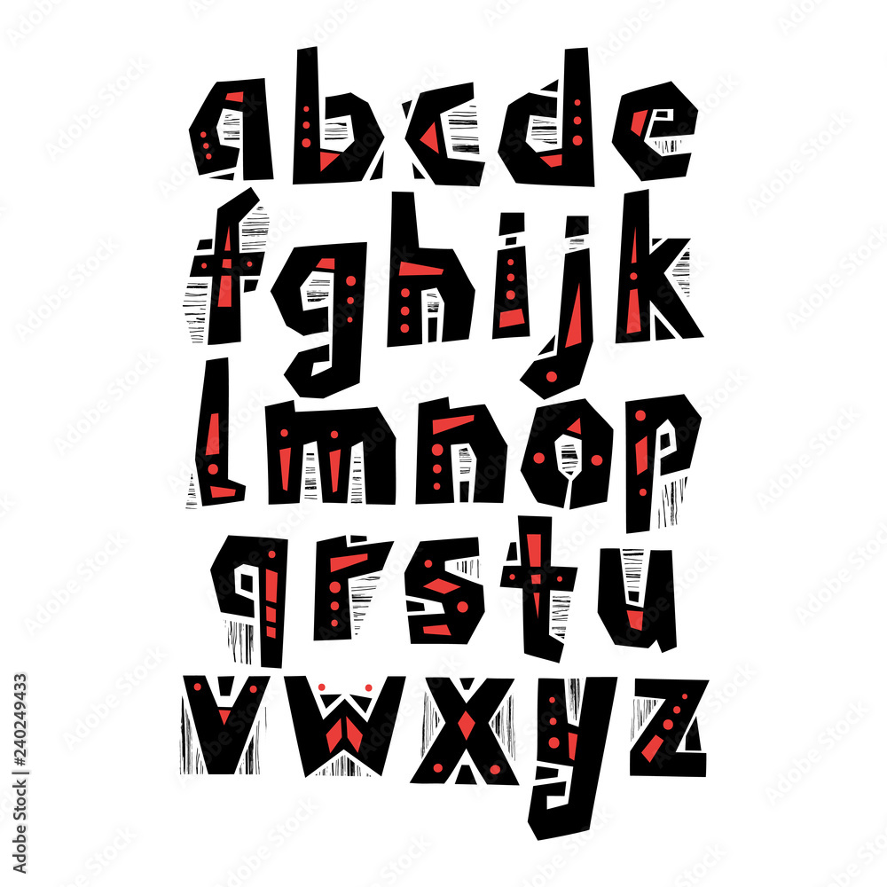 Poster vector lowercase cut out alphabet in pagan style with patterns and textures
