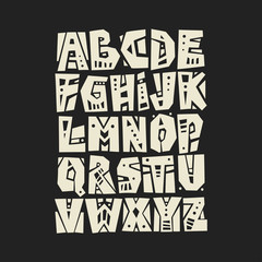 Vector capital cut out alphabet. White letters decorated with geometric patterns on a black background