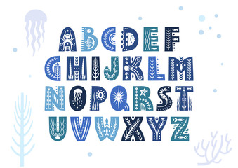 Vector uppercase alphabet decorated with underwater patterns