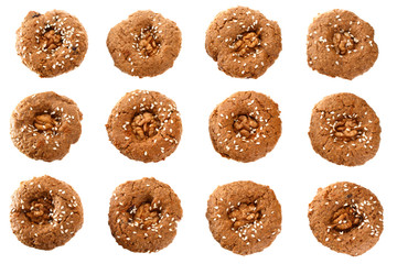 Homemade oatmeal cookies with nuts and sesame. View from above. Isolated on white background.. Seamless pattern.