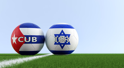 Cuba vs. Israel Soccer Match - Soccer balls in Israel and Cuba national colors on a soccer field. Copy space on the right side - 3D Rendering 