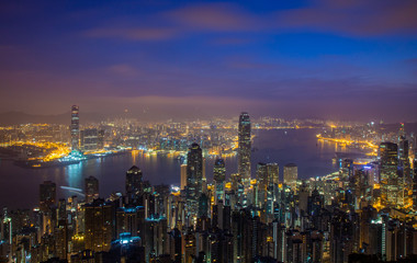 Hong Kong, China - April 8, 2018 - View From The Peak ,Night Skyline of Hong Kong in China.