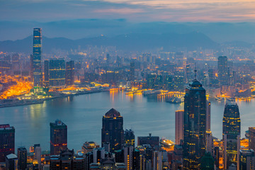 Hong Kong, China - April 8, 2018 - View From The Peak ,Night Skyline of Hong Kong in China.
