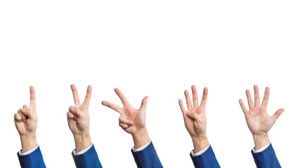 Hands count from zero to five isolated on white background, businessman shows number with fingers