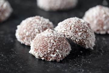 sweet mallow snowballs with chocolate coating and coconut