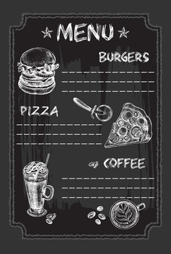 Background with Ink hand drawn Food elements. menu template on chalkboard with burger, pizza and coffee. Vector illustration.