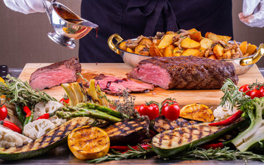 Giving of fried meat in plum sauce