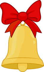 Christmas bell with red bow icon. Cartoon.