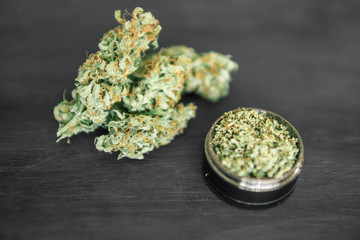 grinder with trichomes close up Macro of cannabis bud marijuana weed and