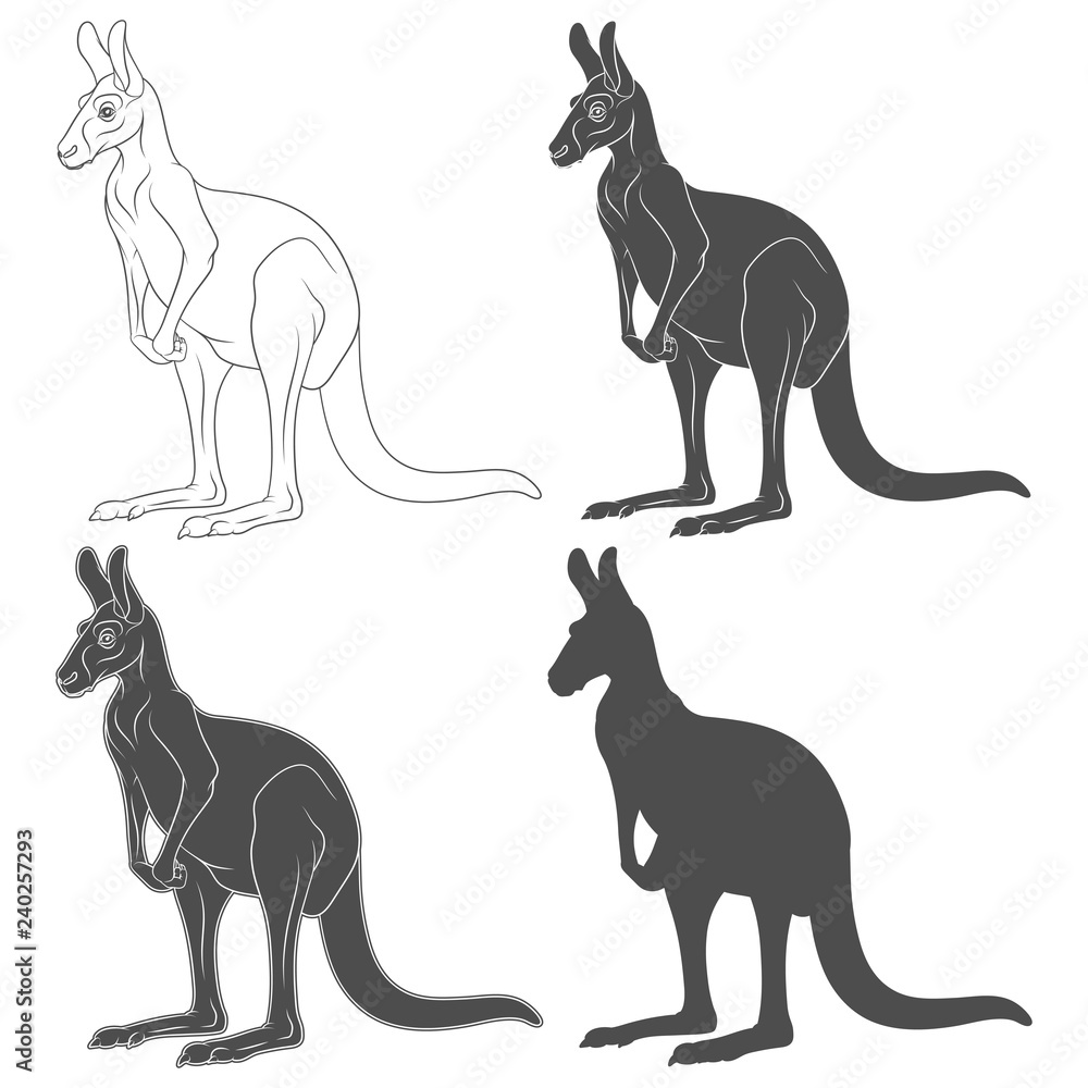 Aufkleber set of black and white illustrations of kangaroo. isolated vector objects on white background.