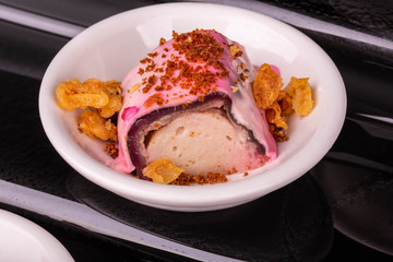 Souffle from powders, is served with dried apricots and butter cream