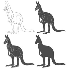 Set of black and white illustrations of kangaroo. Isolated vector objects on white background.