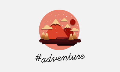 Adventure Hashtag with Mountains With Trees Clouds and Sun Vector Flat Illustration