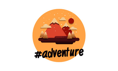 Adventure Hashtag with Mountains With Trees Clouds and Sun Vector Flat Illustration