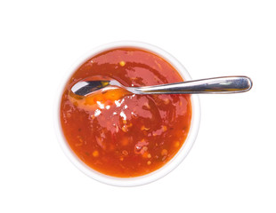 Sweet chili sauce   in ceramic bowl isolated  on a white background.Top view