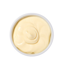 Mayonnaise sauce,Mayonnaise  in ceramic bowl  isolated  on white background.Top view