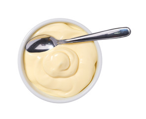 Mayonnaise sauce,Mayonnaise  in ceramic bowl  isolated  on white background.Top view