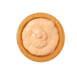 Shrimp sauce  in wooden bowl isolated on white background.Top view