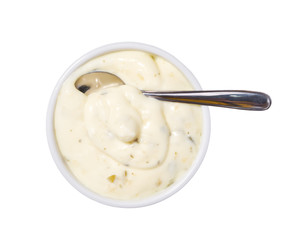 Tartar sauce in ceramic bowl isolated on white background.Top view