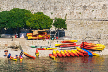 colorful Kayak boat on beach in dubrovnik, croatia