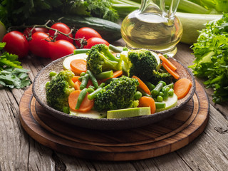 Mix of boiled vegetables, steam vegetables for dietary low-calorie diet. Broccoli, carrots,...