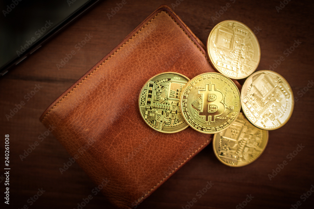 Poster Cryptocurrency Bitcoin. Digital money for banking and international network payment. Wallet with blockchain concept.
