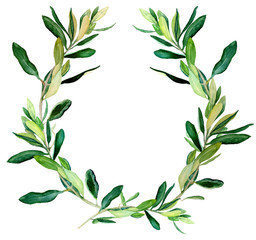 Watercolor olive wreath template on white background. Hand drawn watercolor illustration. Design for covers, packaging, season offers, just add your text.
