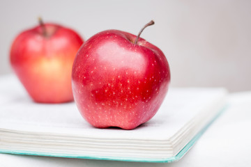 Red juicy apples lie on the expanded book. Useful vitamin meal while studying_
