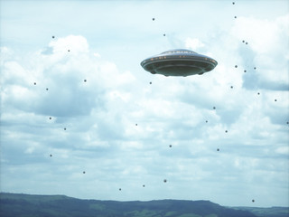 Unidentified flying object in cloudy sky with strange spheres around. © ktsdesign